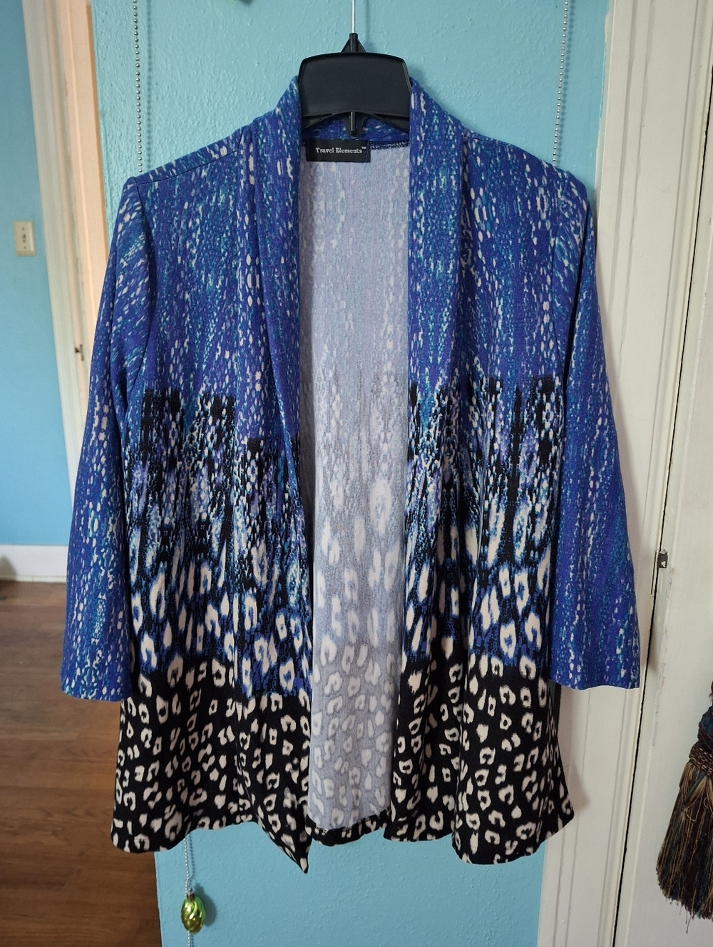 Travel Elements Women's Med Blue & Black Open Cardigan 3/4 Sleeves